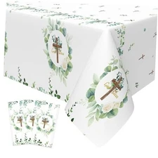 3Pcs Tablecloth, 54 x 108 Inch Eucalyptus Leaf Cross God Bless Baptism