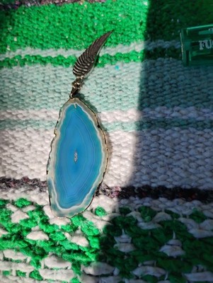 Blue Agate Slice Silver Tone Pendant Wing Feather Charm Natural Stone Witch