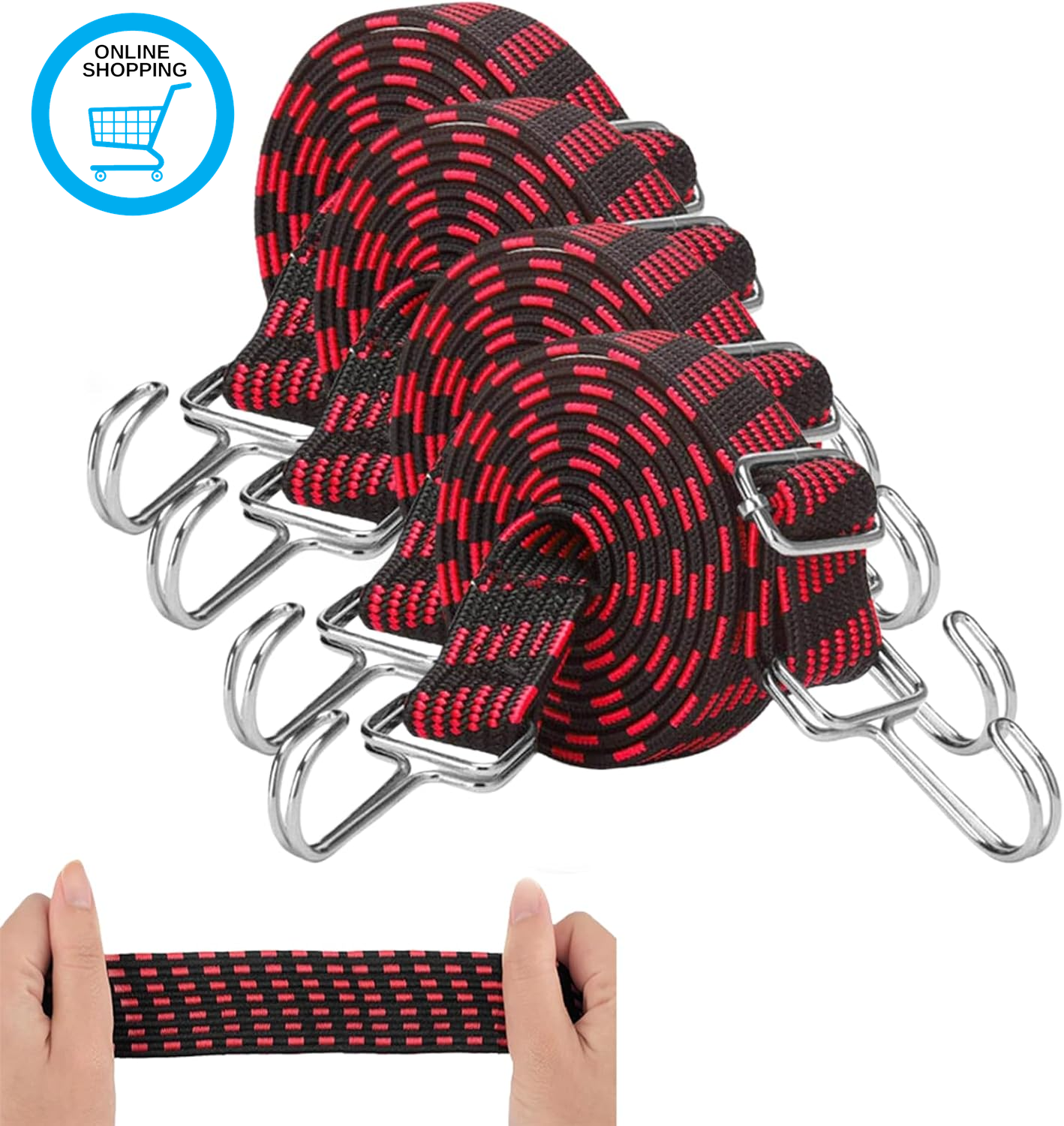 4Pack Bungee Cords with Hooks,1M Flat Bungee Straps Adjustable Flat Elastic Stra