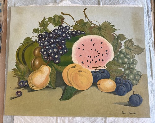 Vintage Oil Painting Still Life Fruit Signed 16” x 20” Grumbacher Canvas Board