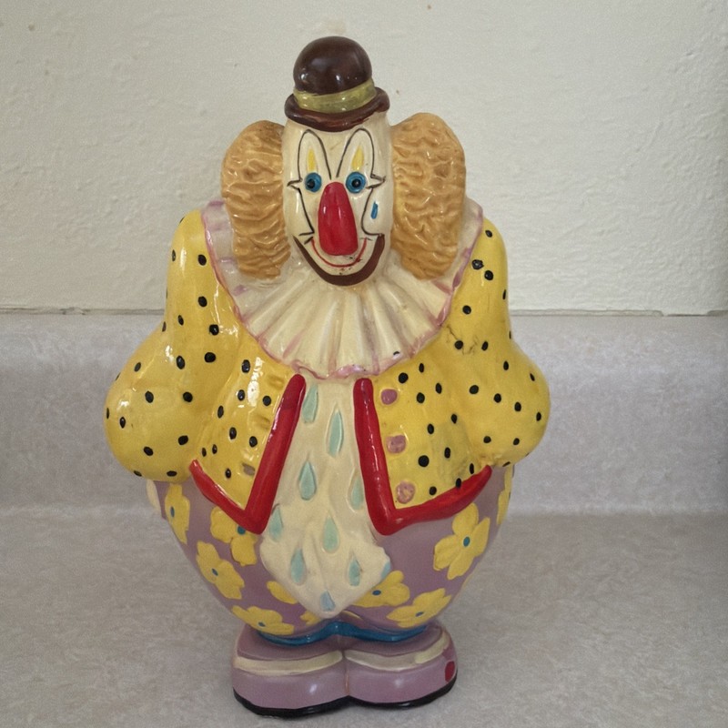 1983 Small World Plastic Clown With Original Stopper Circus  Coin Piggy Bank