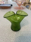 Vintage Blenko 4” Green Crackle Glass Pinched Double Opening Vase