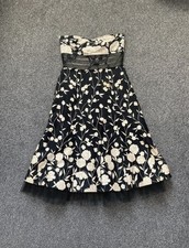 Vintage y2K Size 8 Warehouse Strapless Cream Black Floral Print 50s Prom Dress
