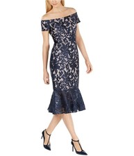 Calvin Klein Womens Lace Off-Shoulder Midi Dress, blue, 8