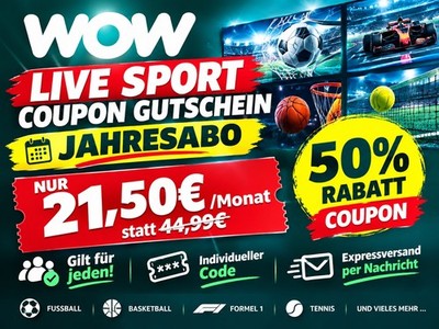 Nur 21.50  / Monat WOW (ehem. Sky Ticket) Live Sport Bundesliga Paket 50% Coupon