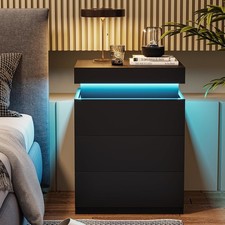 Nightstand w/ Charging Station LED Lights Black