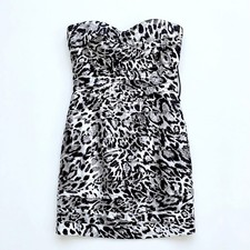 Bebe Animal Print Satin Pleated Tube Dress Gray Strapless Party Womens Small