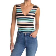 Nordstrom AFRM Striped Bodysuit Double V Mooni Light Pastel Pink Blue Medium NEW