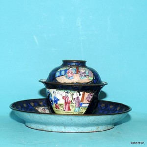 CHINESE IMPERIAL CANTON EMAILLE CLOISONNE CUP SAUCER SILVER INLAID FIGURS