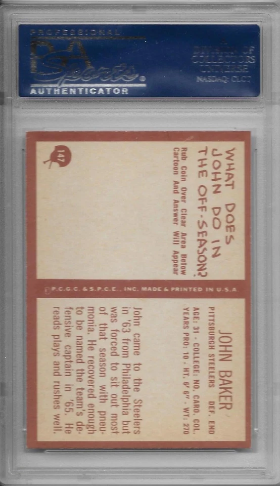 1967 PHILADELPHIA FOOTBALL John Baker #147 PSA 8 NM-MT Pittsburgh Steelers - Image 2 of 2