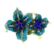 Gold Tone Stretch Metal Flower Ring With Crystal Rhinestone R1256-BLU