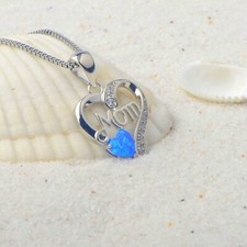 Hawaii Blue Fire Opal MoM Heart Necklace pendants Silver Filled For Women Girl