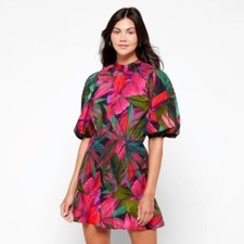 NWT FARM Rio Midnight Leaves Smocked Puff Sleeve Dress S