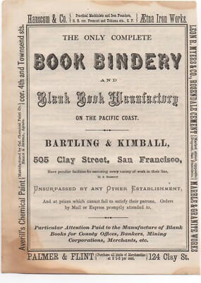 1872 Advertisement Bartling & Kimball Book Bindery San Francisco