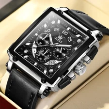 OLEVS Waterproof Sports Watches Men Quartz Leather Watch Luminous Casual Square