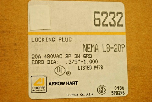 Enchufe de bloqueo de giro Arrow Hart 6232 NEMA L8-20P 20A-480V 2 POLOS 3 CABLES CONEXIÓN A TIERRA - Imagen 3 de 6