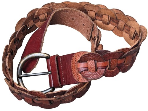 Fossil Brown Leather Wide Belt Studs Tooled Women display picture 1