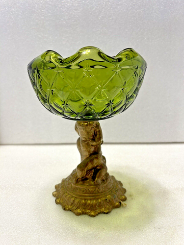 Vintage Scalloped Emerald Glass Cherub Dish Bowl Goblet - Picture 7 of 12