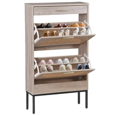 Natural Rattan Shoe Cabinet Storage Organizer with Two Flip Drawers Shoe Rack 