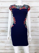 BCX Womens Bodycon Dress Size 1 Blue Floral Embroidered Accent Short Sleeves