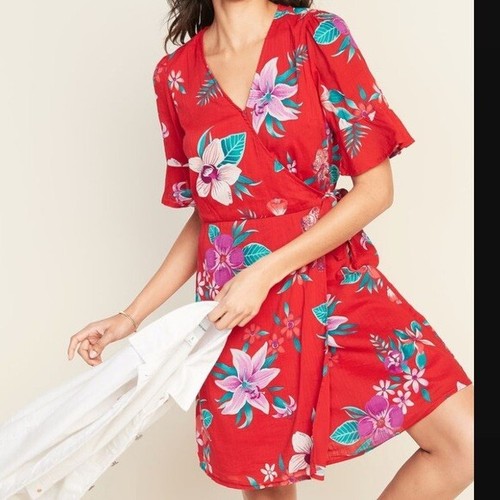 Old Navy Floral Aloha Red Wrap Dress 