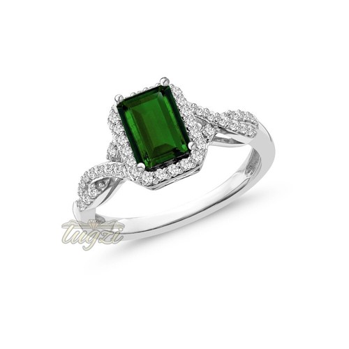 $349 SS/14KPL/925 NATURAL CHROME DIOPSIDE & TOPAZ HALO EMERALD ENGAGEMENT RING - Picture 2 of 8
