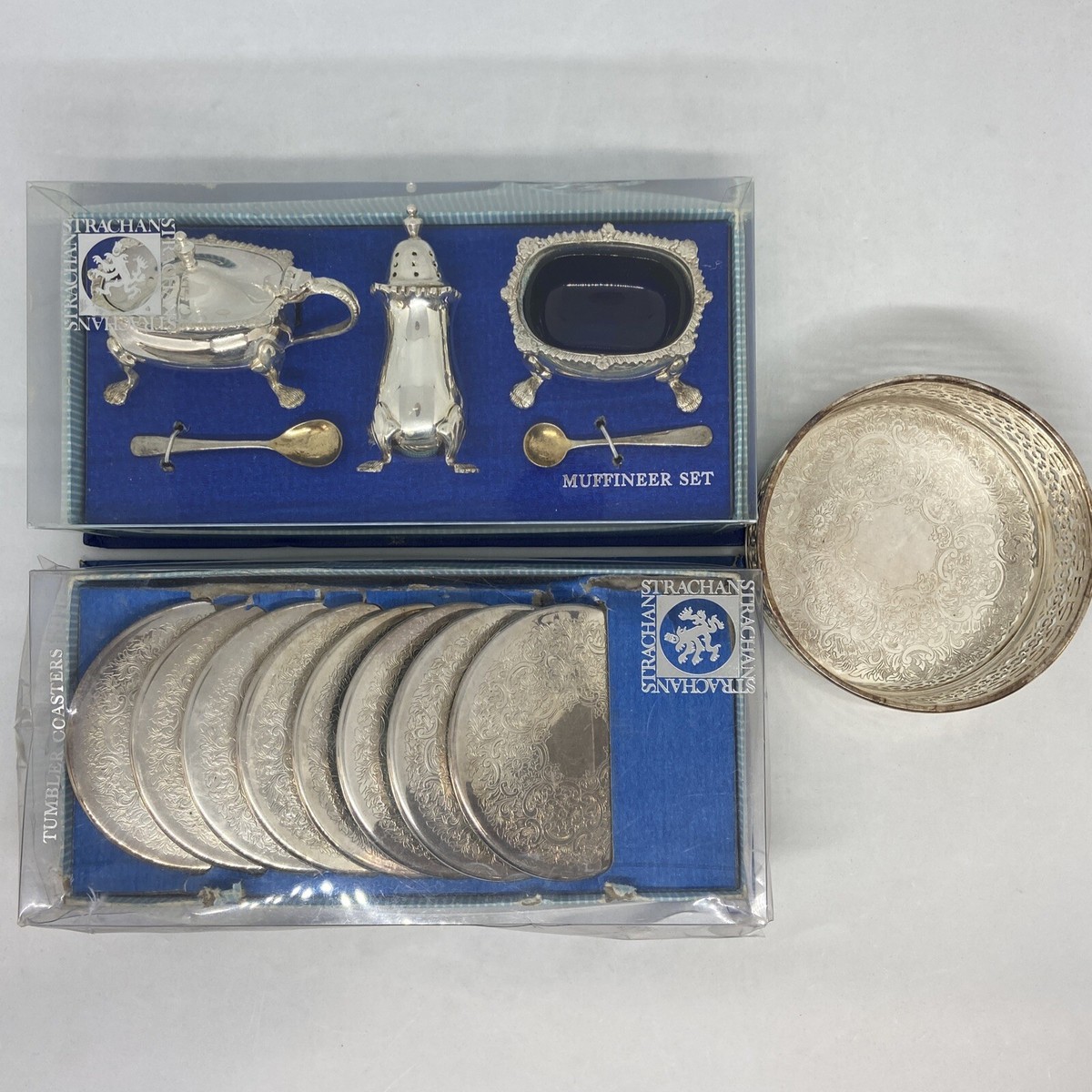 Strachan Silver Plated Muffineer Set Spoons Coasters Wine Holder