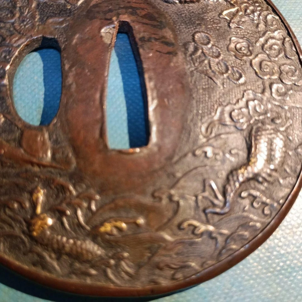 Japanese Antique Dragon Flower Curving Copper Tsuba KatanaSword Guard from Japan - Image 3 of 4