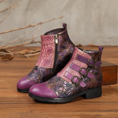 Ethnic Style Women Embossing Short Boot Side Zip Round Toe Ankle Boots Booties