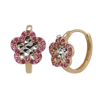 14k Yellow Gold Flower Huggie Ruby CZ Earrings