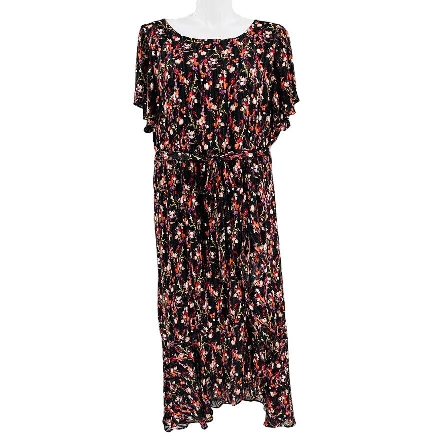 Lane Bryant Maxi Dress Size 26 Black Floral Metallic Shimmer Elastic Waist