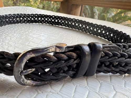 Vintage 90er Liz Claiborne Gürtel Damen klein Leder schwarz geflochten Zopf silberne Schnalle - Bild 1 von 11