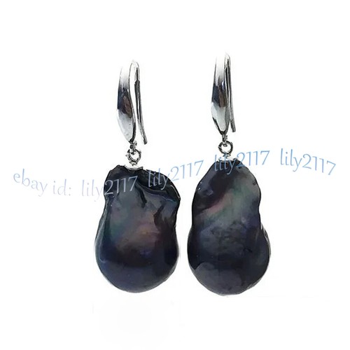 Natural Reborn Keshi Black Baroque Freshwater Pearl Necklace Earrings Set 18'' - Picture 4 of 10