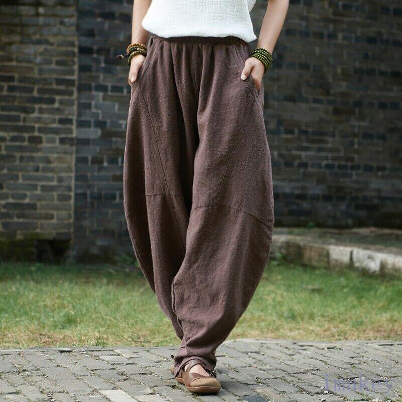 Women's Chinese Style Cotton Linen Long Pants Loose Wide Leg Bloomers  Fashion