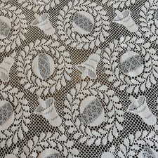 VTG Lace Curtain Ivory Floral Victorian Bells Ecru 66x68 Pocket Rod