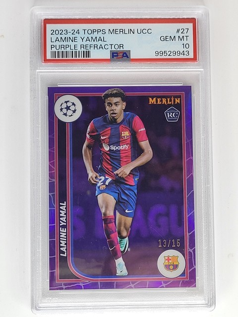 2023-24 Topps Merlin UCC Lamine Yamal Purple Refractor RC /15 PSA 10 Barcelona