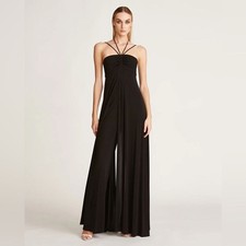 NEW Halston Elie Overlay Jumpsuit Strappy Halter in Jet Black Size Medium