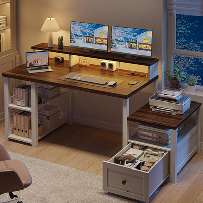 60.4'' Computer Desk with Drawer & Power Outlet, Gaming Desk with LED Light, Farm
