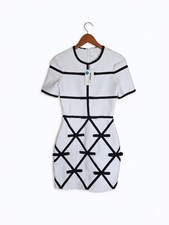 NWT A.KOM Black Bow Mini Dress White Knit Bandage Bodycon Short Sleeve Size S