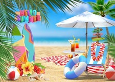 7x5ft Hello Summer Hawaiian Beach Backdrop, Tropical Flower, Ocean Background