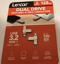 Lexar 2-in-1 128GB Dual Flash Drive USB-C and USB-A, Mac/Android/PC– 2 PACK