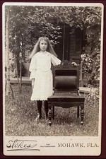 Antique Cabinet Card Young Girl Long Hair Outside Large Empty Chair Fla.