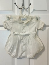 Vintage 1960s Feltman Bros Baby Boy Belted Embroidered White Romper Baptism