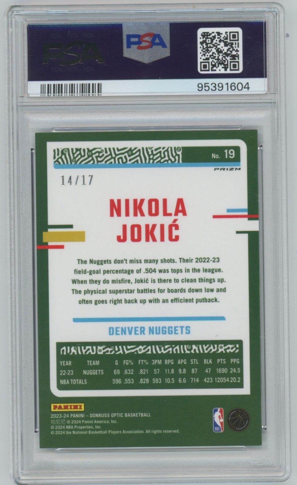 Panini Donruss Optic NBA Nikola Jokić Denver Nuggets #19 Purple Prizm /17 PSA 9 view 2