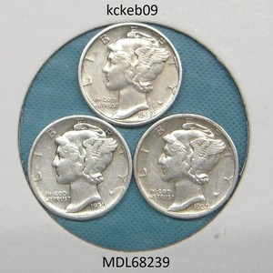 Mercury dime lot of 3, 1939-D, 1939-P, 1939-S.  90% silver coins