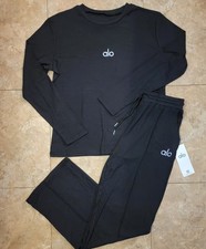 Alo Yoga L Black 2pc Long Sleeve Drawstring Pant Knit Lounge Athleisure Set New