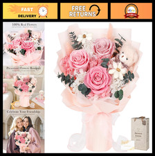 Forever Flowers Bouquet with Bear - 3 Real Pink Roses, Long-Lasting Gifts for Mo