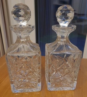 2 x Vintage 1950s Whisky Decanters by Webb Corbett. Square. With Stoppers.