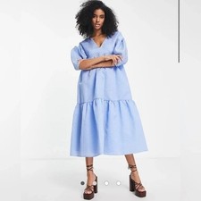 ASOS EDITION tiered jacquard midi dress with bow back in blue SZ 8UK 4US