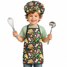 Kids Apron and Chef Hat Set for Girls Boys Small Black Pizza